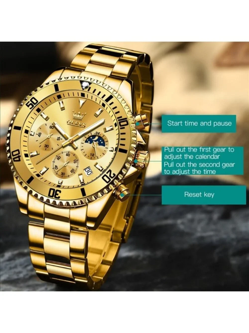 Men's All Gold Premium Solid Stainless Analog Rotatable Bezel Date Steel Watch